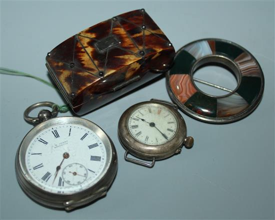 Silver pocket watch, silver wrist watch, tortoiseshell snuff box and Scottish hardstone brooch